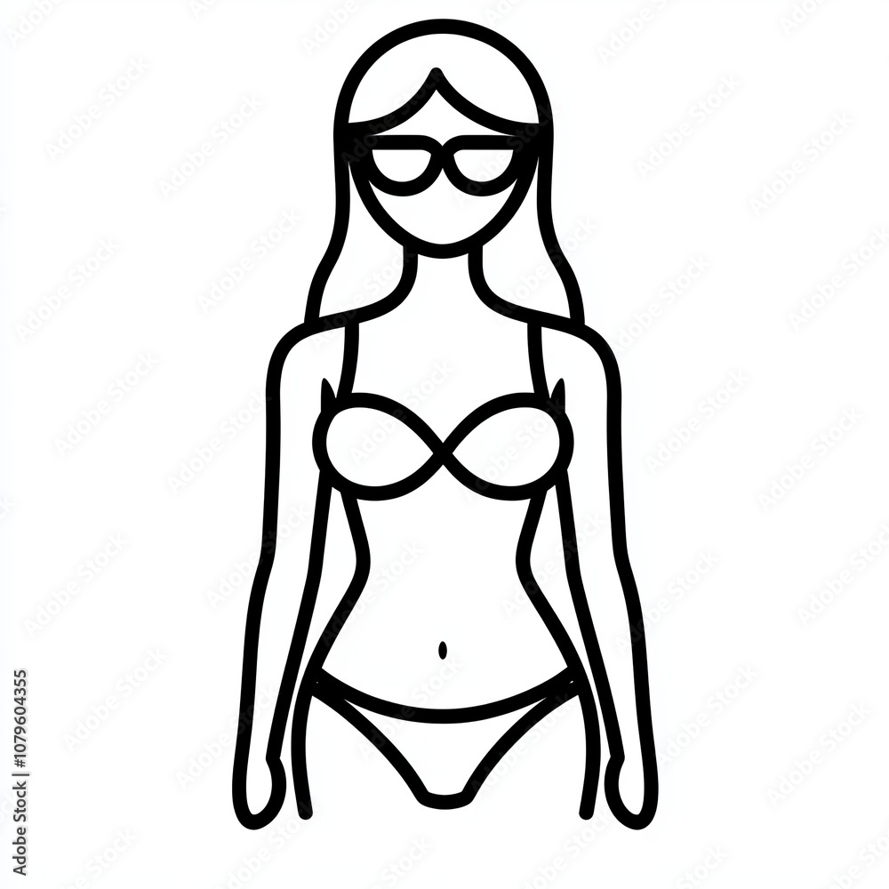 The design features a minimalist line icon of a woman wearing a bikini and sunglasses, set against a white background, symbolizing beach or summer fun The design features a minimalist line icon of a woman wearing a bikini and sunglasses, set against a white background, symbolizing beach or summer fun