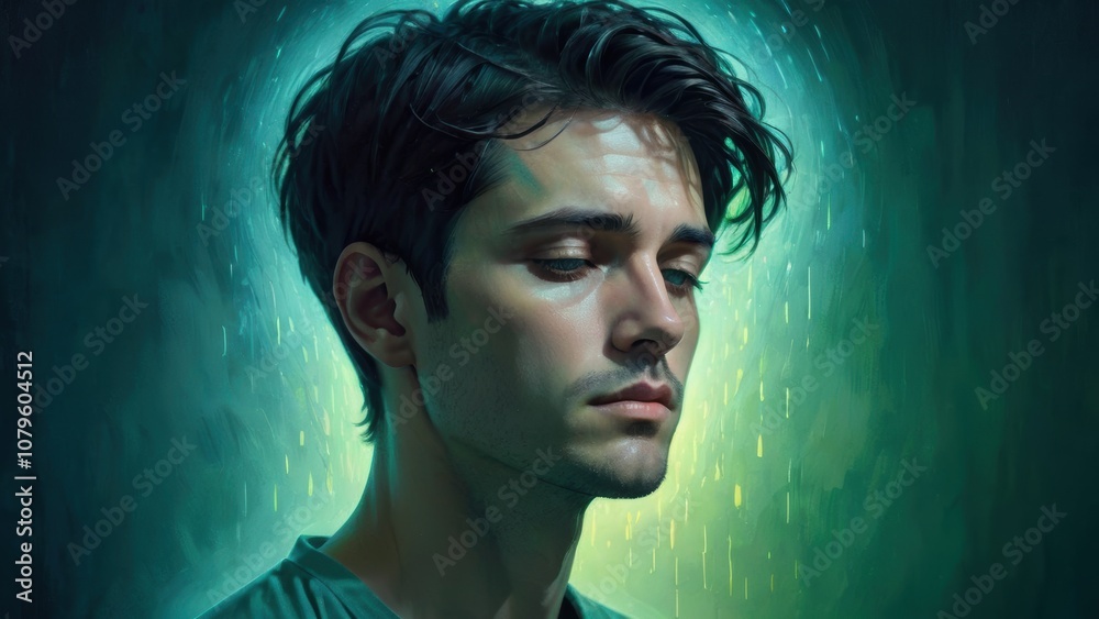 Moody Portrait of Young Man in Contemplative Pose with Dramatic Lighting Moody Portrait of Young Man in Contemplative Pose with Dramatic Lighting