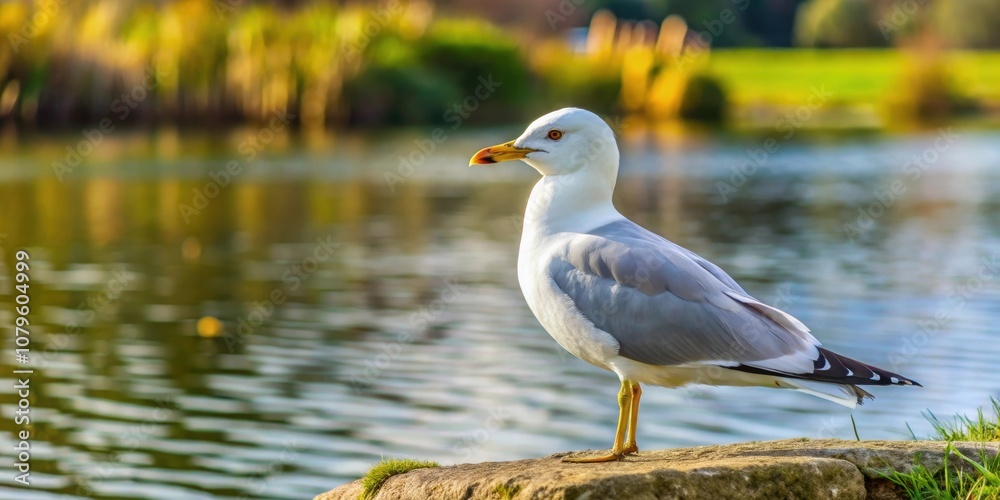 A Common Gull standing gracefully by a serene lakeside , bird, wildlife, nature, water, lake, outdoor, feathers, wings, animal