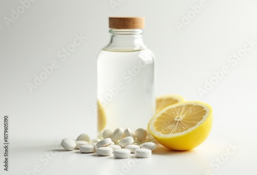 Professional Product Photography of Vitamin C Tablets with Fresh Lemon Slices on a Bright Background 