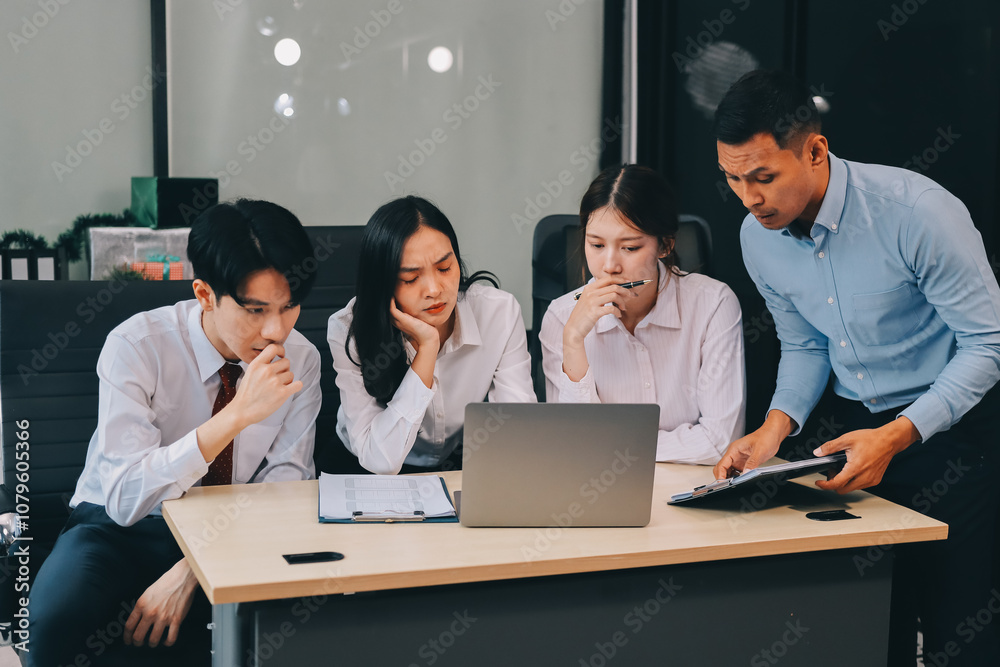 Frustrated upset multiracial business team people sad with bad work result in report disappointed in corporate bankruptcy failure crisis worried of paperwork problem sit at table at office meeting Frustrated upset multiracial business team people sad with bad work result in report disappointed in corporate bankruptcy failure crisis worried of paperwork problem sit at table at office meeting