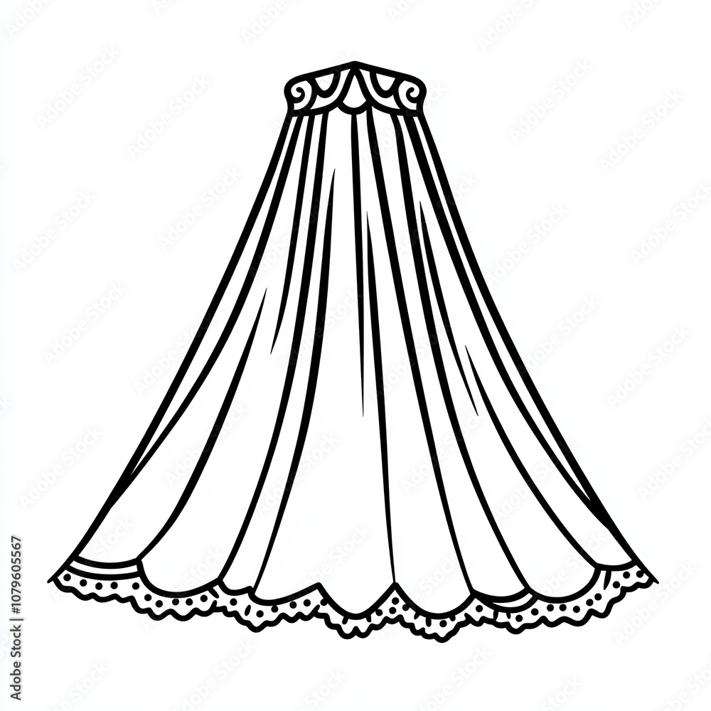 This simple line art icon features an elegant bridal veil with intricate lace detailing, ideal for wedding invitations or decor designs