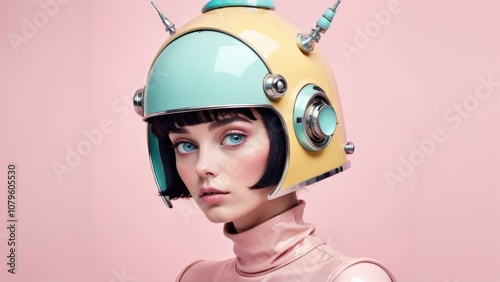 Retro Futuristic Portrait of Woman in Pastel Space Helmet on Pink Background