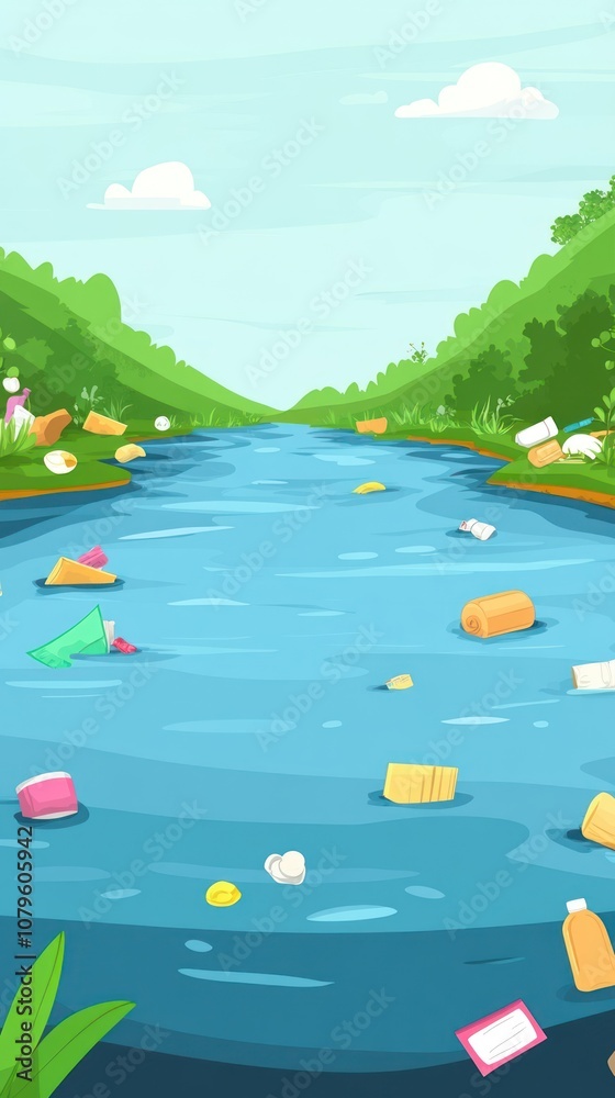 Obraz premium A river polluted with colorful plastic waste amidst green hills and blue water.