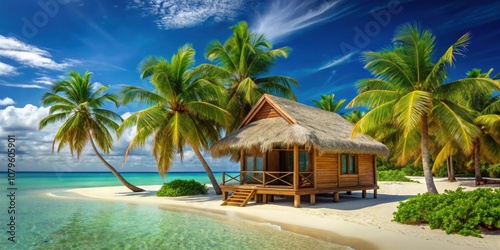 Fototapeta Naklejka Na Ścianę i Meble -  Tropical bungalow on a beautiful beach with palm trees , vacation, paradise, tropical, getaway, relaxation, ocean