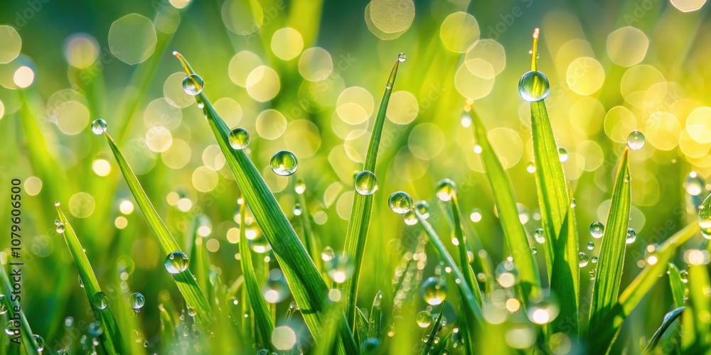 Fototapeta premium Beautiful drops of morning dew on vibrant green grass close-up , nature, close-up, beauty, green, dew, water, freshness