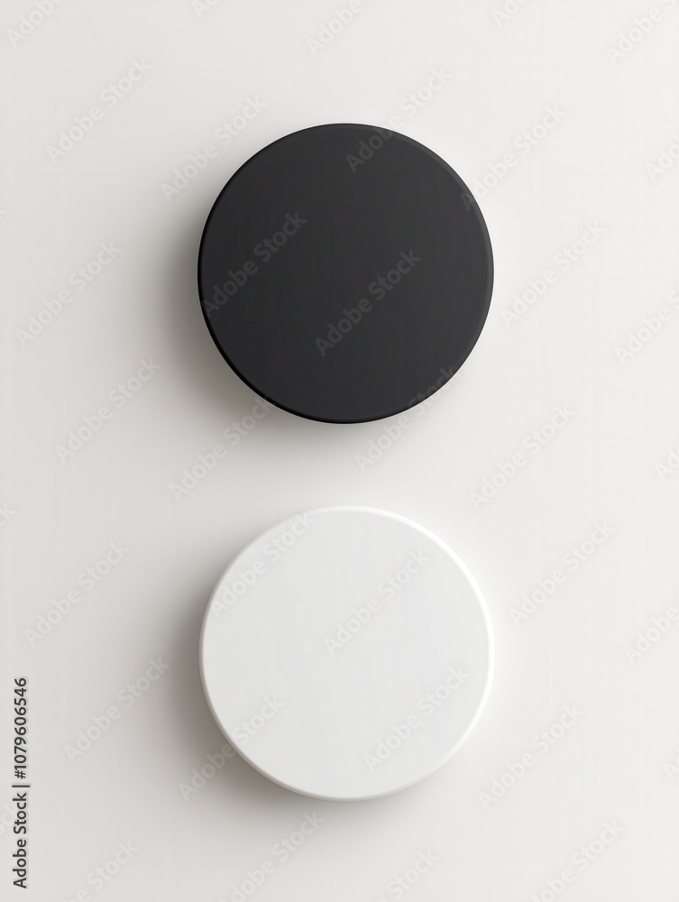 Minimalist display of two circles, one black and one white, arranged vertically against a clean background. Minimalist display of two circles, one black and one white, arranged vertically against a clean background.