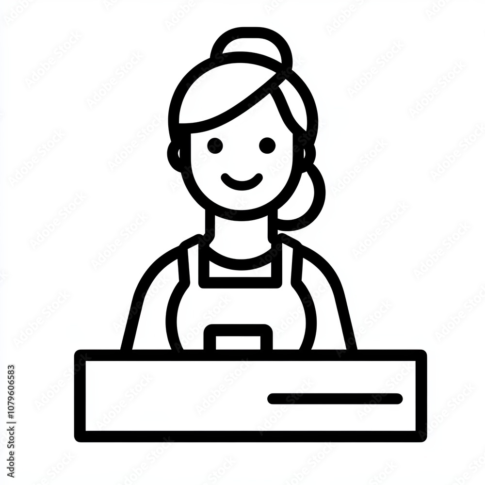 This artwork features a friendly cashier at a checkout counter, depicted in black and white line art against a clean white background, ideal for retail themes This artwork features a friendly cashier at a checkout counter, depicted in black and white line art against a clean white background, ideal for retail themes