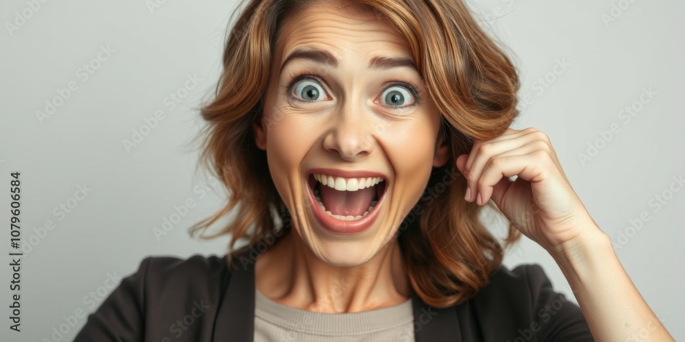 Surprised middle aged woman with a wide smile, eyes open in astonishment, with a hand to her cheek, wide smile, happy Surprised middle aged woman with a wide smile, eyes open in astonishment, with a hand to her cheek, wide smile, happy