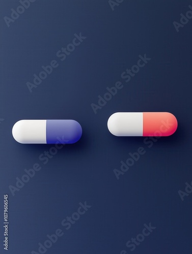 Minimalist display of two capsule-shaped pills on a dark background, one in blue and white and the other in red and white.