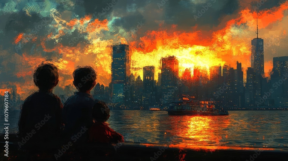 Fototapeta premium A family on a ferry, with kids watching the water and cityscape passing by