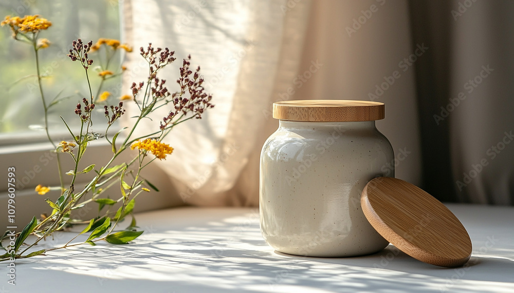 Fresh flower in glass jar on rustic table indoors generated by AI