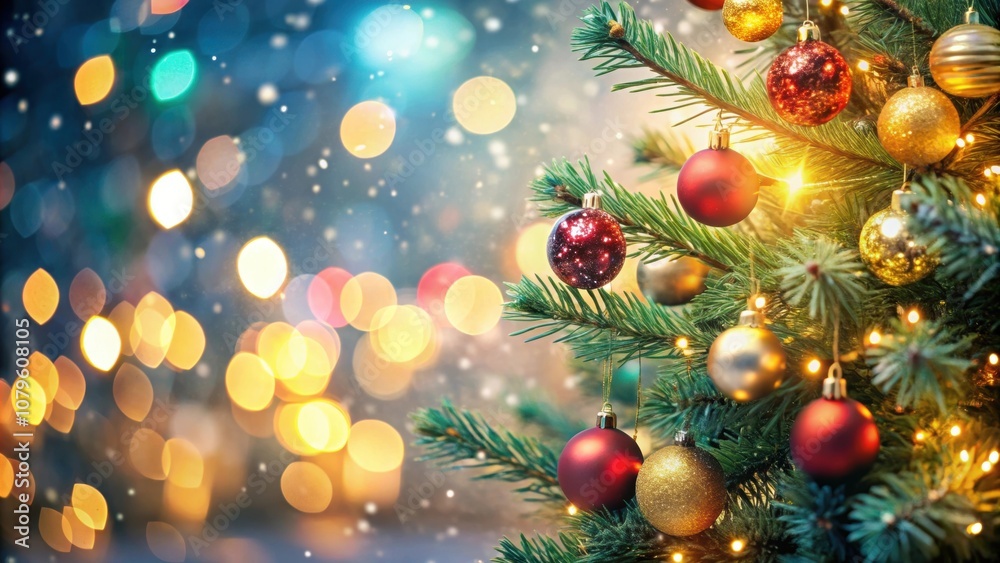 Blurred Christmas background with shiny lights and decorated fir tree, Christmas, blurred, background, shiny lights