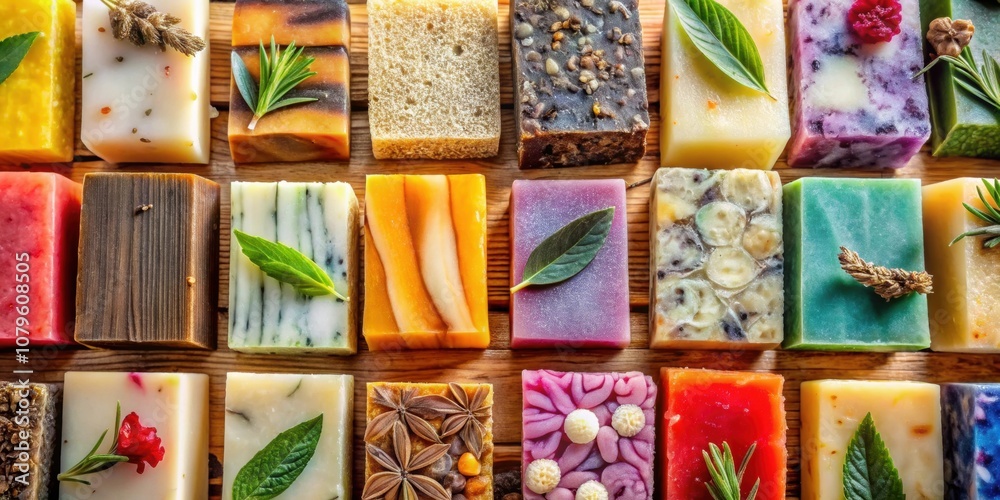 Colorful handmade soap bars arranged neatly displaying various textures and natural ingredients , soap, handmade, colorful Colorful handmade soap bars arranged neatly displaying various textures and natural ingredients , soap, handmade, colorful