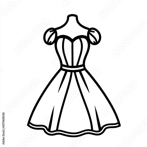 The design features a black and white outline of a dress with elegant puffed sleeves and a flared skirt, ideal for costume and fashion representation