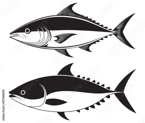 Sea cod fish on a white background, Tuna fish silhouette vector illustration, Sea fish silhouette icon
