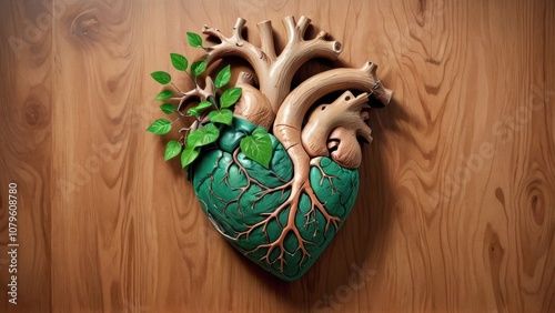 Nature Heart Sculpture – Artistic Fusion of Human Heart and Tree with Leafy Branches