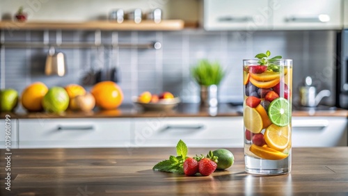 Glass of fresh fruit-infused water in a modern kitchen, healthy, hydration, refreshing, drink, lifestyle, vibrant, colorful