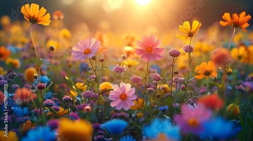 A field of flowers with a bright sun shining on them
