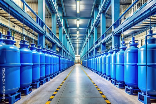 Industrial Corridor with Blue Gas Cylinders