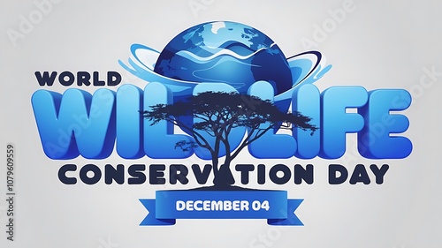 Vibrant World Wildlife Conservation Day Poster with 3D Bold Typography, Acacia Tree Silhouette, and Abstract Ocean Waves Design in Blue photo