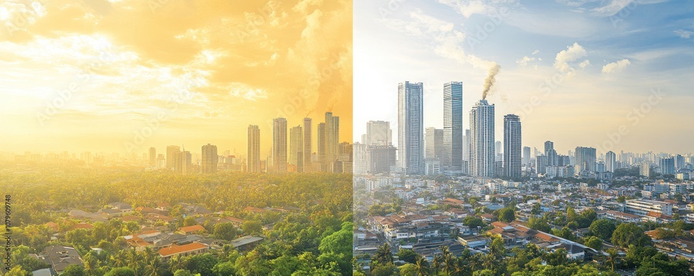 Naklejka premium A contrasting cityscape showing urban development and greenery under different lighting.