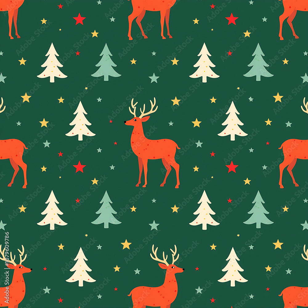 Christmas Wrapping Paper with Reindeers and Trees, X-Mas Festive Wallpaper Christmas Wrapping Paper with Reindeers and Trees, X-Mas Festive Wallpaper