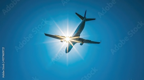 Airplane soaring into the sun against a clear blue sky Aerial perspective of a charter passenger jet symbolizing travel and tourism