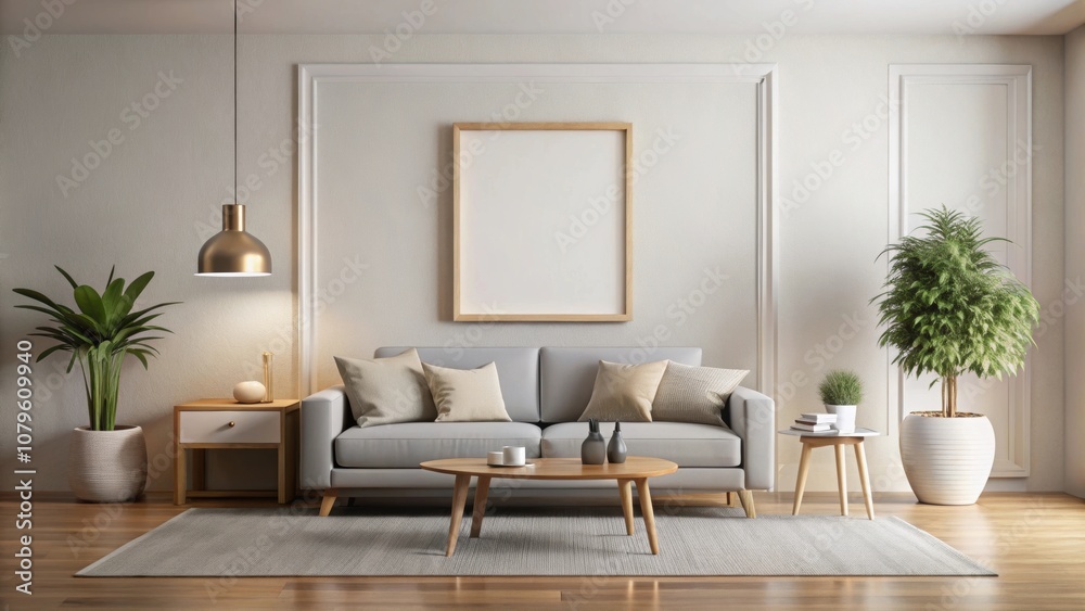 Fototapeta premium Minimal style living room with modern wall decor frame hanging, minimal, contemporary, interior design, decoration