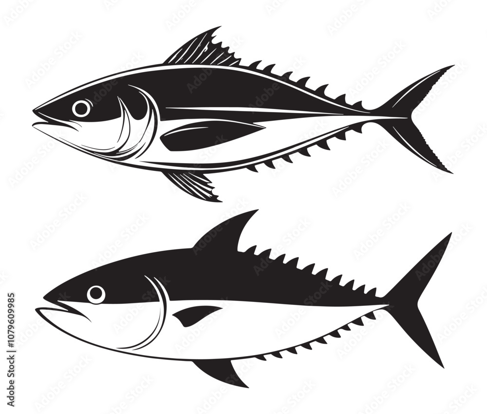 Sea cod fish on a white background, Tuna fish silhouette vector illustration, Sea fish silhouette icon Sea cod fish on a white background, Tuna fish silhouette vector illustration, Sea fish silhouette icon