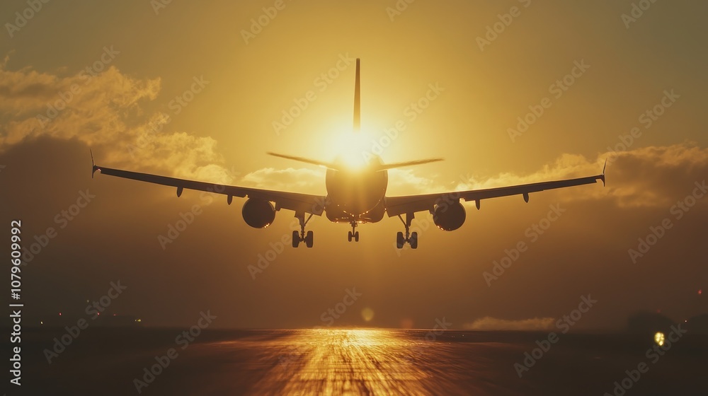 Airplane descending with landing gear extended capturing images against a backdrop of sunlight Airplane descending with landing gear extended capturing images against a backdrop of sunlight