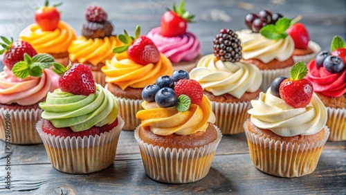 Assorted gourmet cupcakes with fruit toppings displayed beautifully , gourmet, cupcakes, assorted, fruit, toppings, display