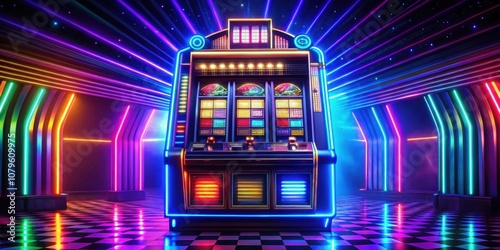 Exciting neon slot machine with vibrant symbols and bright lights in a virtual casino setting at night, neon, slot machine