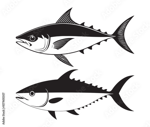 Sea cod fish on a white background, Tuna fish silhouette vector illustration, Sea fish silhouette icon