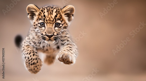 Obraz na płótnie An Arabian leopard cub leaps energetically in a studio environment, highlighting its agility and playful nature against a soft, neutral background. The interaction captures the spirit of wildlife. w salonie