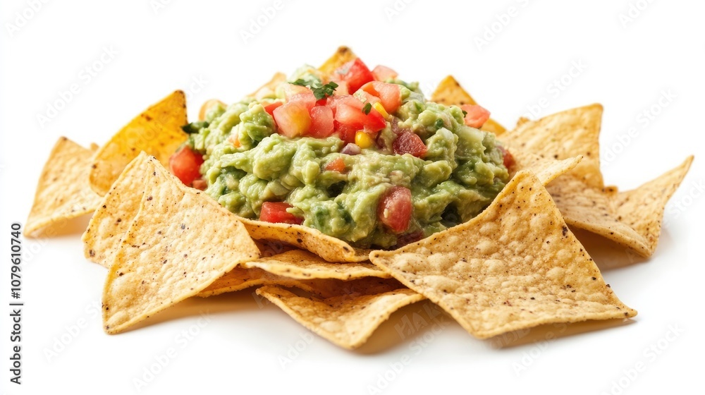 Authentic Mexican guacamole served with crunchy corn chips against a clean white backdrop Authentic Mexican guacamole served with crunchy corn chips against a clean white backdrop