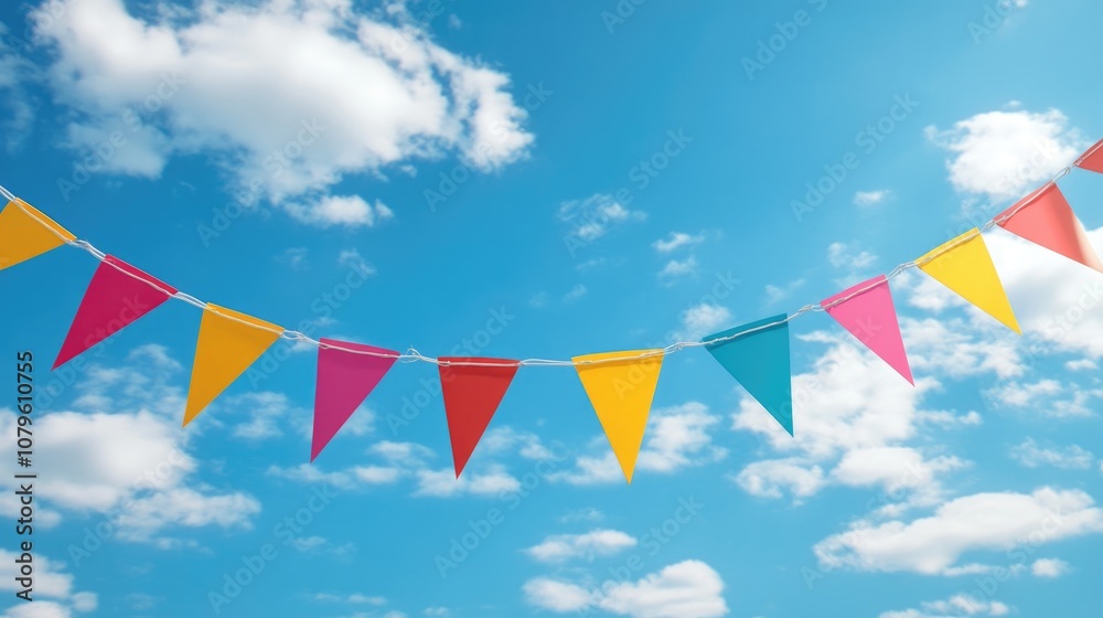 Colorful bunting featuring the flag design suspended against a bright blue sky 3D rendering Colorful bunting featuring the flag design suspended against a bright blue sky 3D rendering