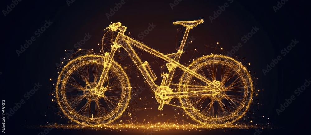 Fototapeta premium Golden bicycle made of glowing particles with a dark background.