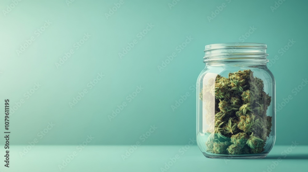 Dried cannabis buds stored in a jar against a smooth background Dried cannabis buds stored in a jar against a smooth background