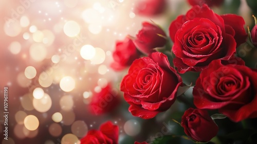 Close up of a bouquet of red roses on a softly blurred sparkling background A romantic theme perfect for expressions of love