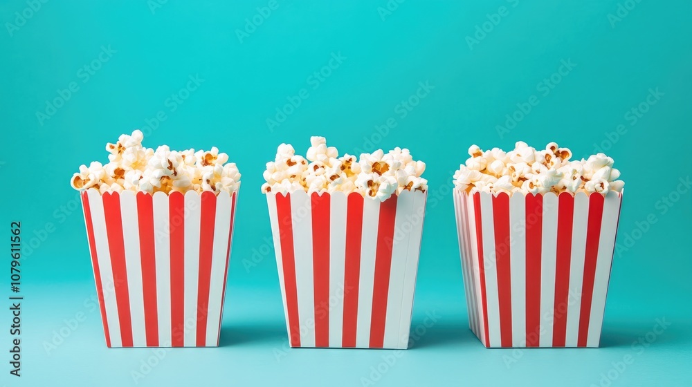 Bright red and white striped popcorn box set against a tranquil turquoise background representing a timeless movie experience Bright red and white striped popcorn box set against a tranquil turquoise background representing a timeless movie experience
