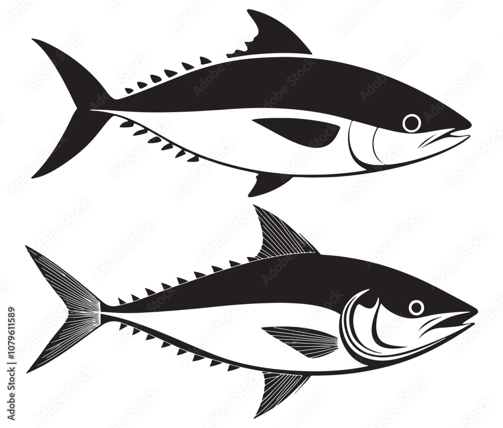 Obraz premium Sea cod fish on a white background, Tuna fish silhouette vector illustration, Sea fish silhouette icon