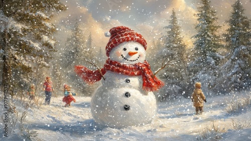 Snowman with Scarf and Hat in a Winter Landscape