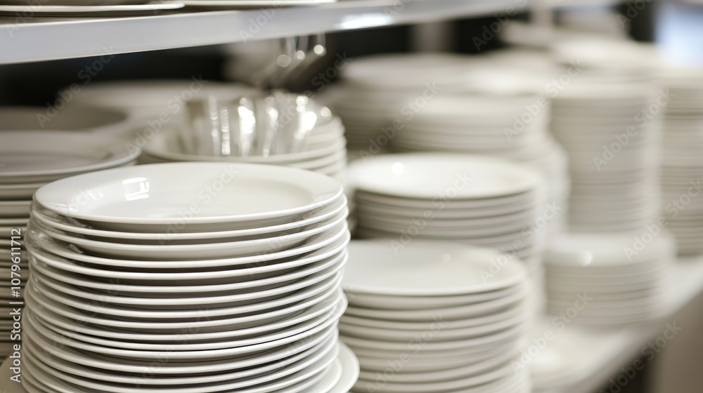 Neatly arranged stacks of clean white plates and silverware in a retail display Neatly arranged stacks of clean white plates and silverware in a retail display