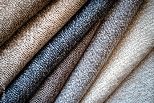 Close-up of various textured fabric swatches with different shades of brown and gray colors.