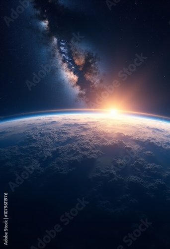 Majestic Space Vista: Captivating Image of Earth at Sunrise, Framed by the Milky Way Galaxy and Stars, Featuring Detailed Clouds and Cinematic Lighting