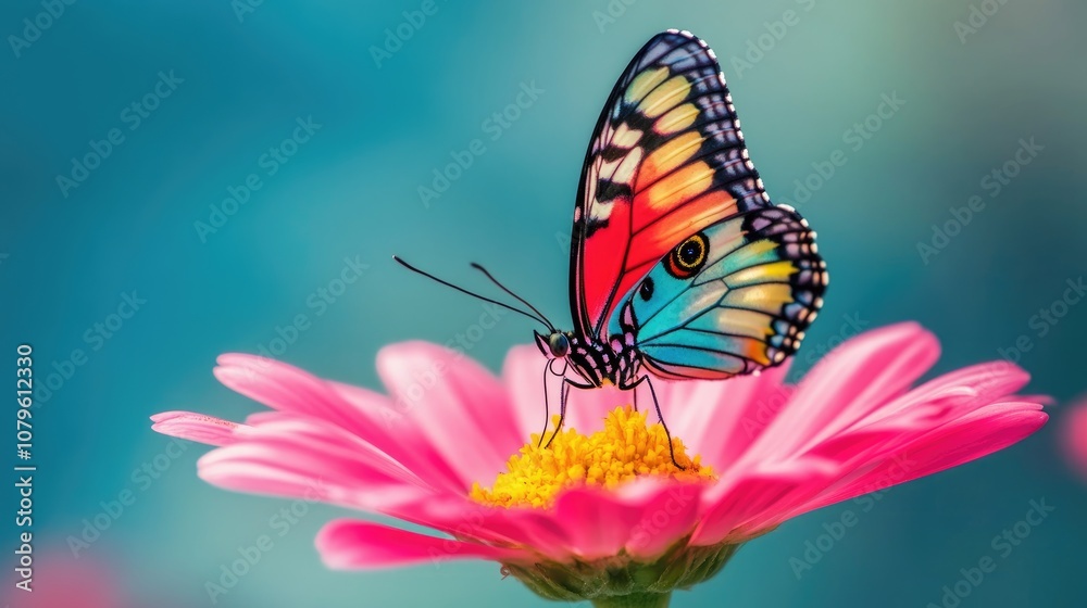 Vibrant multicolored butterfly perched on a vivid pink daisy against a blue backdrop showcasing the stunning beauty of nature in a macro perspective