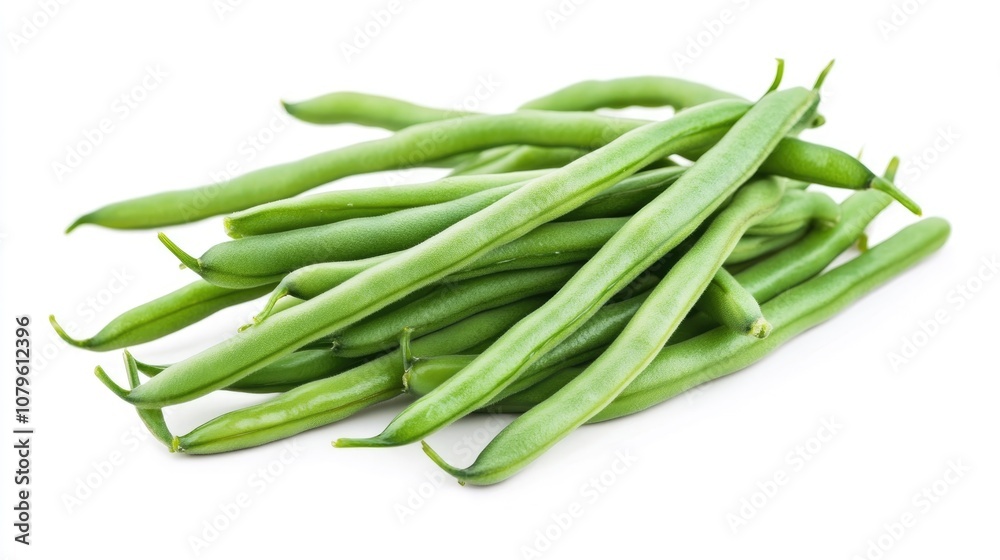 Stack of flat green beans on a white backdrop Stack of flat green beans on a white backdrop