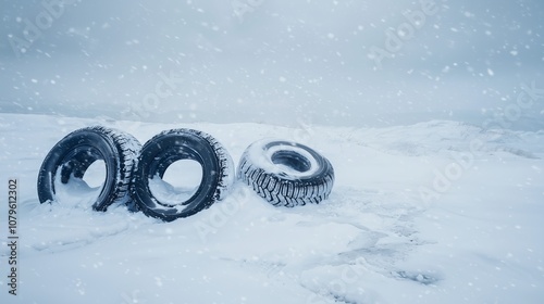 Abandoned Tires in a Snowy Landscape with Falling Snowflakes Creating a Winter Atmosphere and Evoking Feelings of Isolation and Abandonment