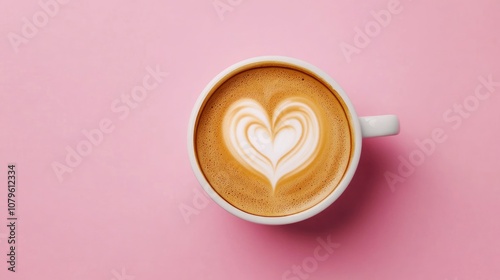 Romantic coffee moment latte art heart on a pink background viewed from above Cappuccino with heart design captured in a top down perspective on a pink surface